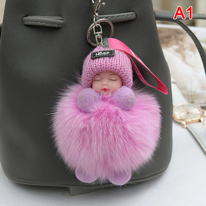 Pompom Sleeping Baby Keychain - Fluffy Plush Doll Keyring for Bags, Cars & Gift Decoration