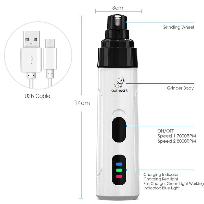 Painless USB Charging Dog Nail Grinder – Rechargeable Electric Pet Nail Clippers for Quiet Grooming of Dog & Cat Paws