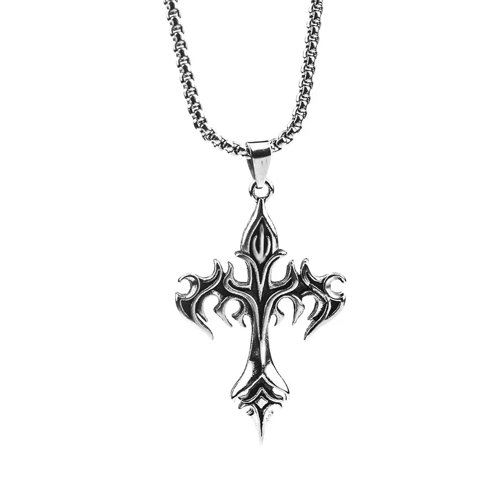 Stainless Steel Flame Cross Pendant Necklace – Retro Titanium Steel Men’s Jewelry