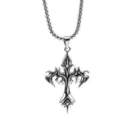 Stainless Steel Flame Cross Pendant Necklace – Retro Titanium Steel Men’s Jewelry