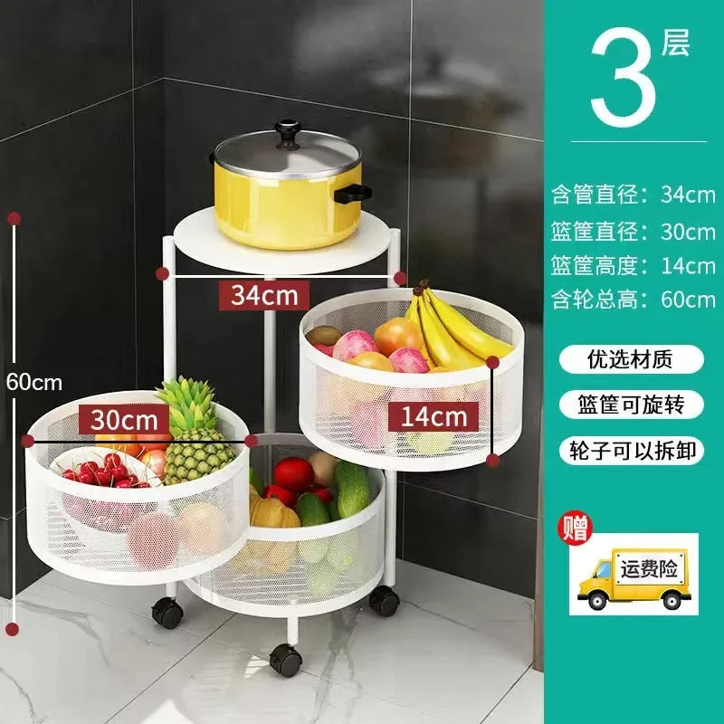 5 Layer Stainless Steel Rotating Shelf - Kitchen & Bathroom Storage Baskets, Fruit & Vegetable Rack with Wheels