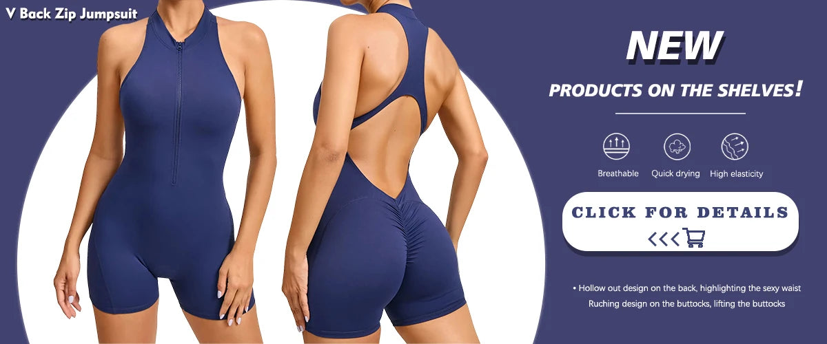 Women’s V-Back One-Piece Sports Jumpsuit — Sleeveless Yoga Romper with Zipper Workout Bodysuit