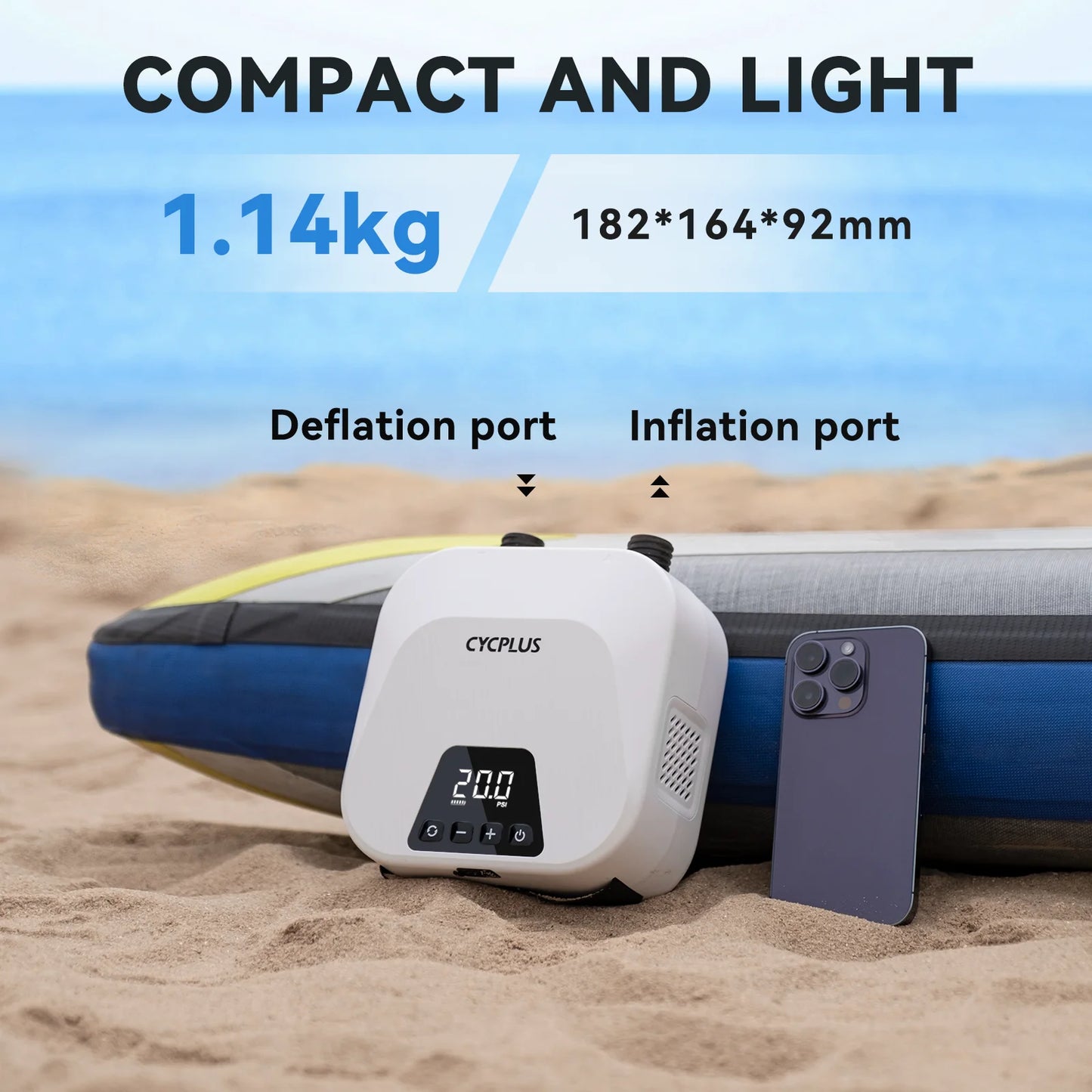 CYCPLUS D14PRO Electric SUP Inflation Pump – 20PSI, 38.48Wh Battery for Inflatable SUP Board, Surfing, Tent, Boat, Air Mattress