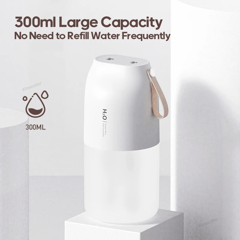 KINSCOTER Portable Double Mist Air Humidifier – 300ml Cold Mist Diffuser, 2000mAh Car Air Purifier & USB Mini Air Freshener