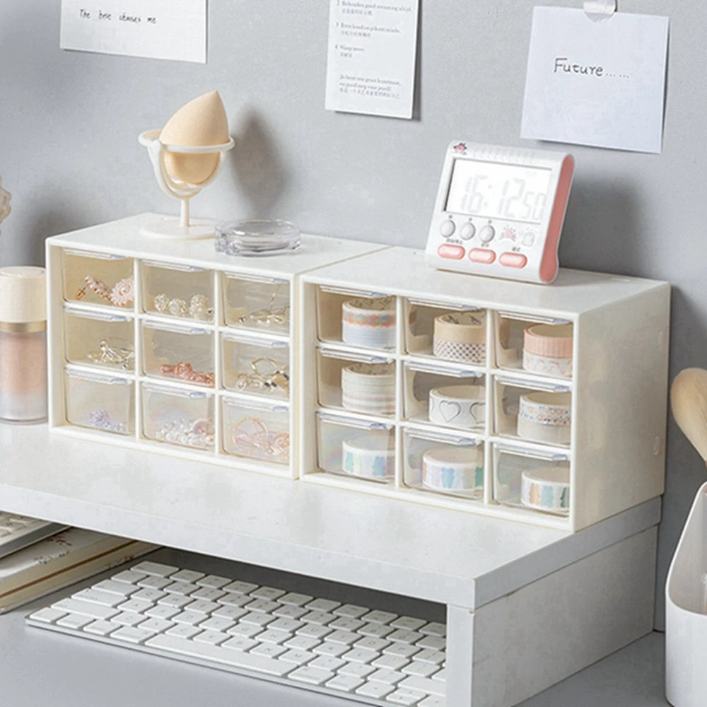 Nine Palace Grid Small Drawer Jewelry Storage Box – Transparent Desktop Organizer for Stationery and Small Items in Student Dorms