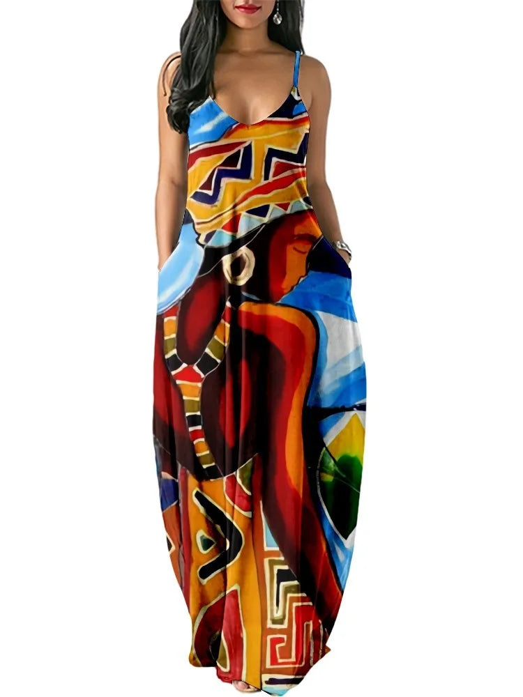 Women’s World Map Beach Dress – Elegant Sexy Long Sundress with Irregular Hem, Sleeveless Spaghetti Straps, Plus Size Summer Dress