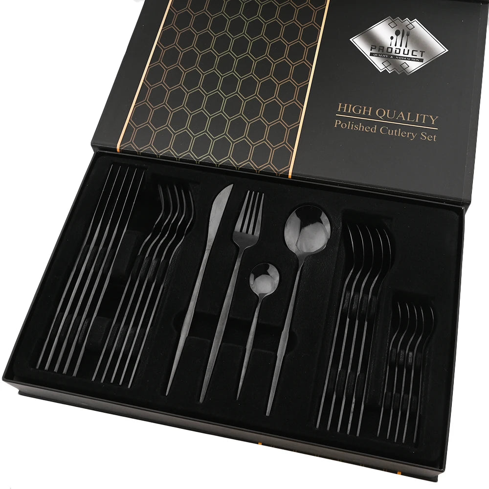 Drmfiy 24P Stainless Steel Cutlery Set - Knife Fork Spoon Flatware - Black Tableware Gift Box - Dishwasher Safe Dinnerware Kitchenware