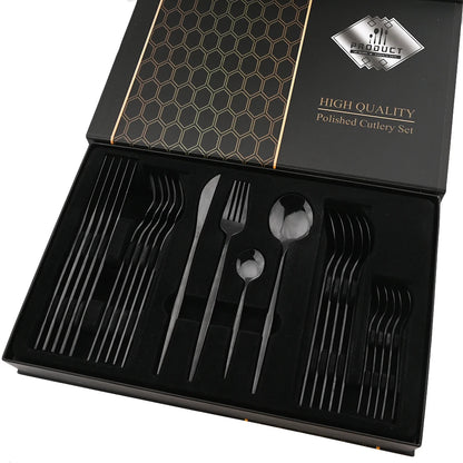 Drmfiy 24P Stainless Steel Cutlery Set - Knife Fork Spoon Flatware - Black Tableware Gift Box - Dishwasher Safe Dinnerware Kitchenware