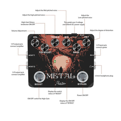 Rowin Guitar Effects Pedal – Noise Gate, Delay, Chorus, Vibrato, Phaser, Flanger, Booster, EQ, Fuzz, Metal, Distortion, and Blues Drive