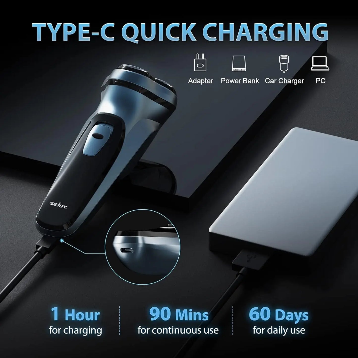 Sejoy Electric Razor for Men – 3-Blade Foil Shaver with 7500 RPM High-Speed Motor & Digital Power Display