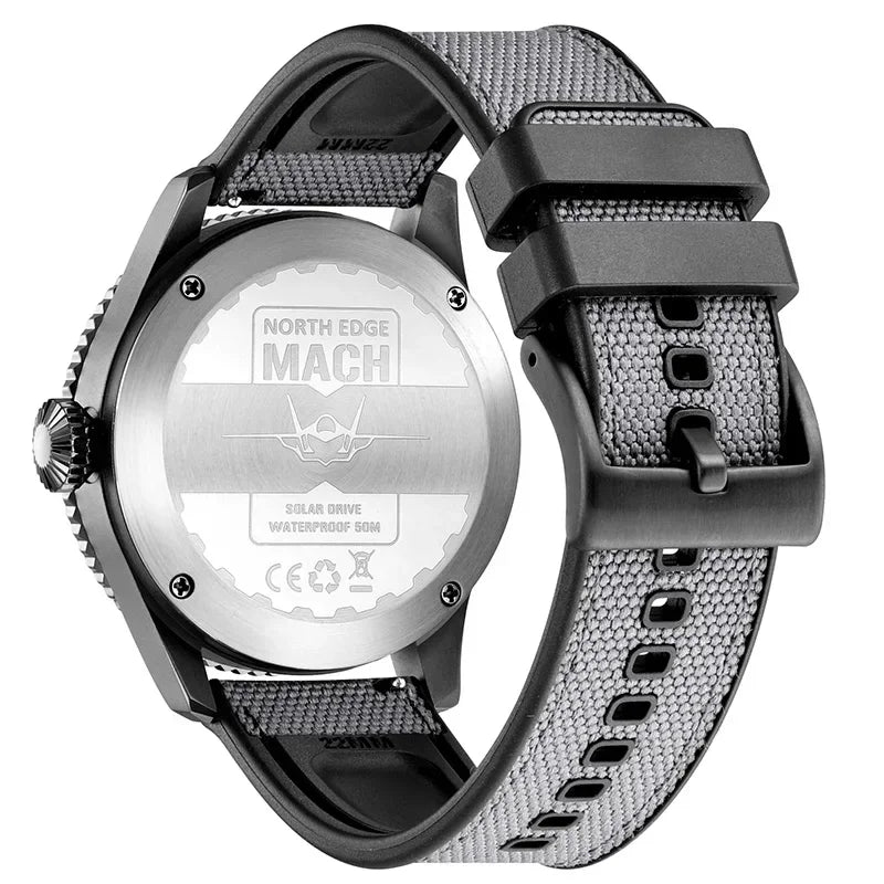 NORTH EDGE MACH 2024 Solar Powered Men's Watch – Dual Time Zone Waterproof Pilot Watch with TPR Nylon Strap
