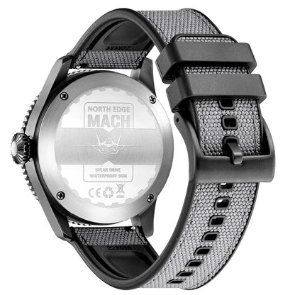 NORTH EDGE MACH 2024 Solar Powered Men's Watch – Dual Time Zone Waterproof Pilot Watch with TPR Nylon Strap