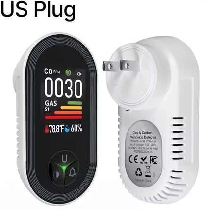 FABISENSE 4-in-1 Carbon Monoxide & Gas Detector - Plug-In CO Alarm with Gas Analyzer, Temperature & Humidity Display