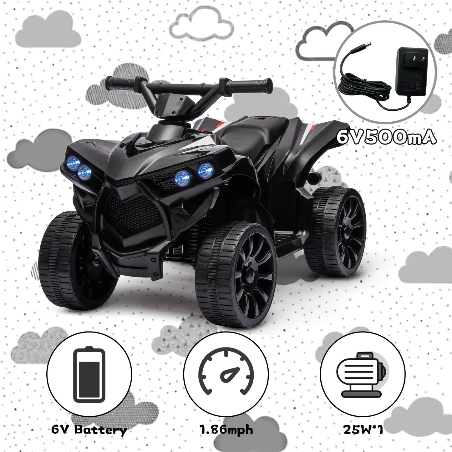 Kids 6V Ride-On ATV Quad Car Toy – Battery-Powered Electric Vehicle with LED Lights, Music, Foot Pedal & Durable Wheels