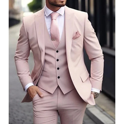 Men's Pink 3 Piece Suit - Slim Fit Wedding Tuxedo Jacket, Vest & Pants Set For Groom Formal Occasions