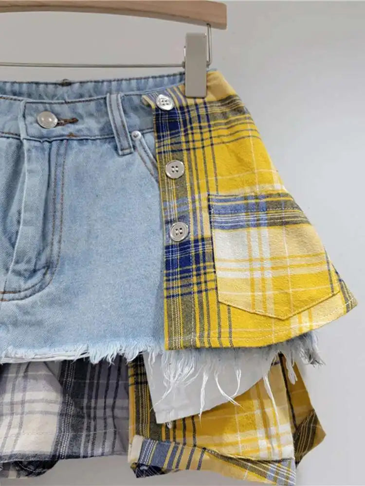 DEAT Women’s Denim Mini Skirt — Colored Plaid Patchwork Irregular A-Line, High Waist Summer 2025 Fashion Skirt