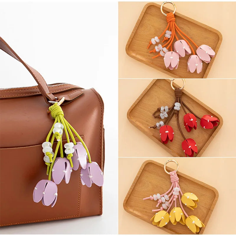 Genuine Leather Flower Bag Pendant Keychain – Original Handmade Osmanthus & Tulip Design, Exquisite Floral Charm for Bags & Accessories