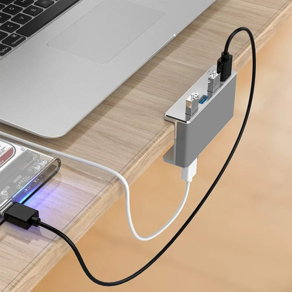 Aluminum 4-Port USB 3.0 Hub — High-Speed Clip Hub with Power Supply, 5–10Gbps Data Transfer, USB 3.2 for Mac & PC