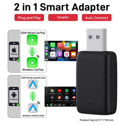 Wired to Wireless CarPlay & Android Auto Adapter – 2-in-1 Smart Box with Auto Connect for Mazda, Audi, Kia, Ford