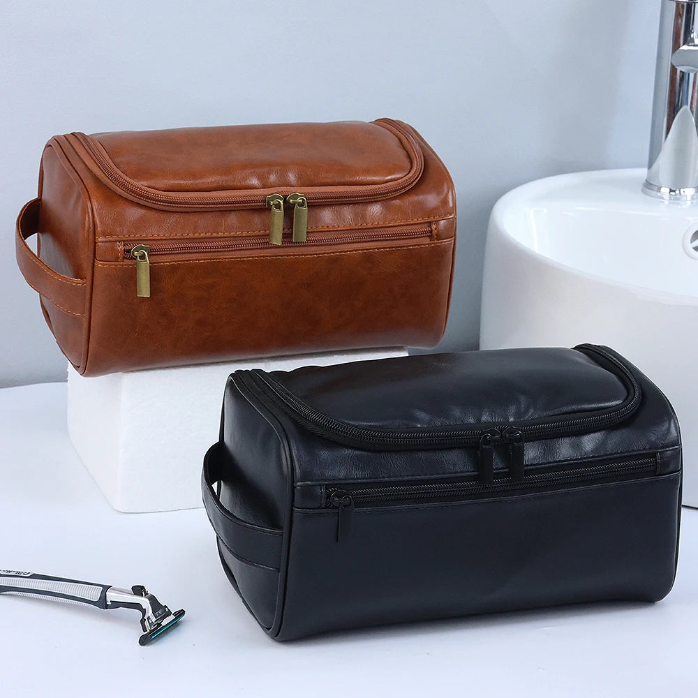 Men’s PU Leather Vintage Luxury Toiletry Bag – Travel Hanging Cosmetic Makeup Organizer Case, Business Wash Bag Storage Pouch