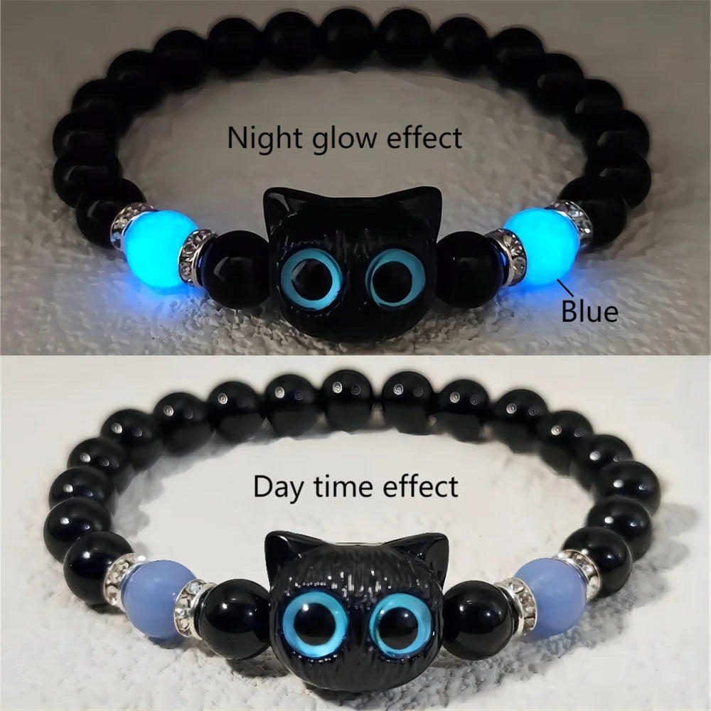 Luminous Cat Matching Bracelets for Couples | Glow-in-the-Dark Black & White Friendship Bangles | Cute Gift for Him & Her