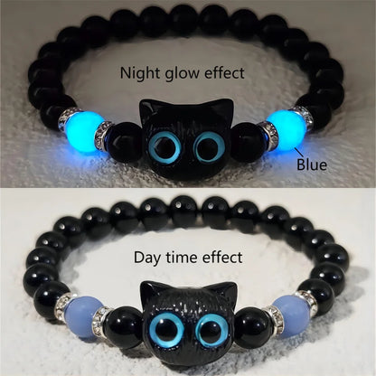 Luminous Cat Matching Bracelets for Couples | Glow-in-the-Dark Black & White Friendship Bangles | Cute Gift for Him & Her