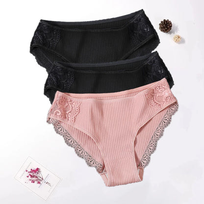 Floral Lace Cotton Women’s Panties - Comfortable Briefs, Solid Color Underwear, 3PCS/Set, Sizes M-XXL
