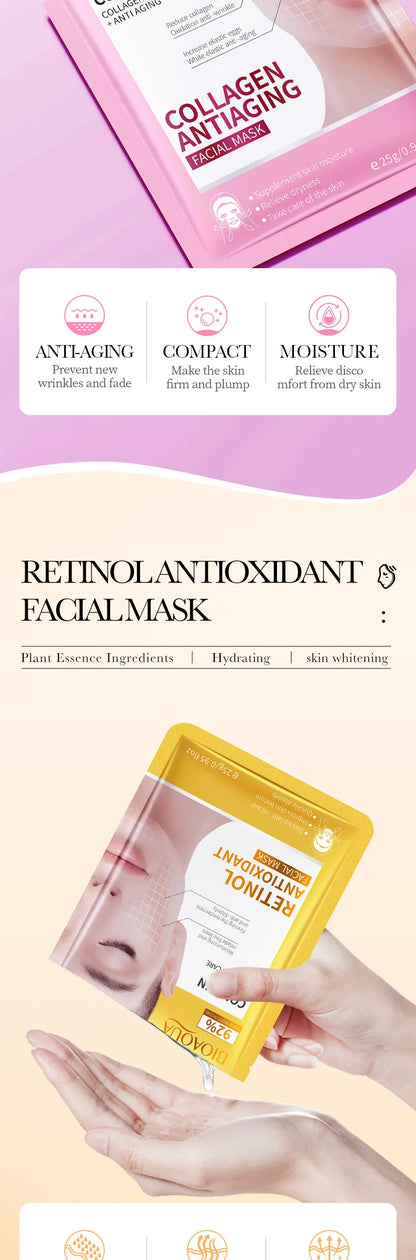15PCS BIOAQUA Retinol Collagen Face Masks – Firming, Hydrating, Brightening & Moisturizing Skincare