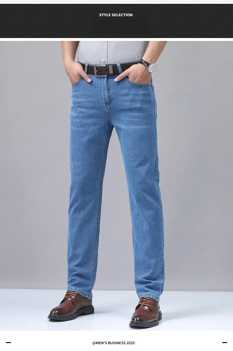 Men’s Casual Comfortable Jeans – Straight Loose Fit High Waist Elastic Trousers for All Seasons & Office Wear