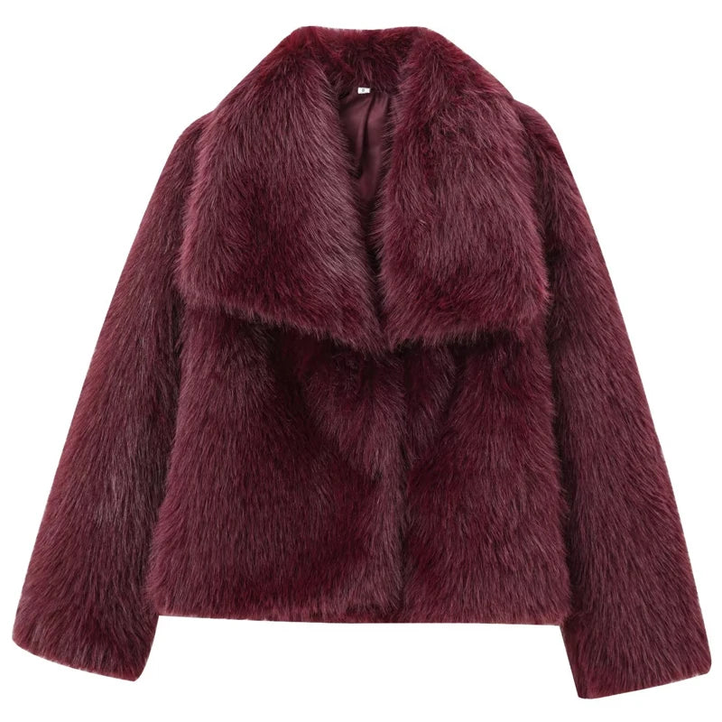 HXAO Women's Fur Coat – 2024 Plush Burgundy Bomber Jacket, Solid Crop Long Sleeve Warm Winter Casual Coat