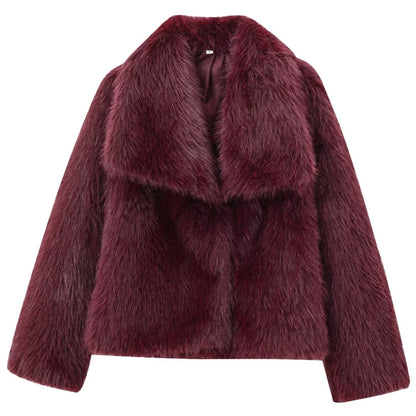 HXAO Women's Fur Coat – 2024 Plush Burgundy Bomber Jacket, Solid Crop Long Sleeve Warm Winter Casual Coat