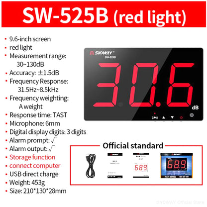 SNDWAY SW-525 Sound Level Meter — Wall-Mounted Digital Noise & Decibel Detector 30-130dB Professional dB Meter
