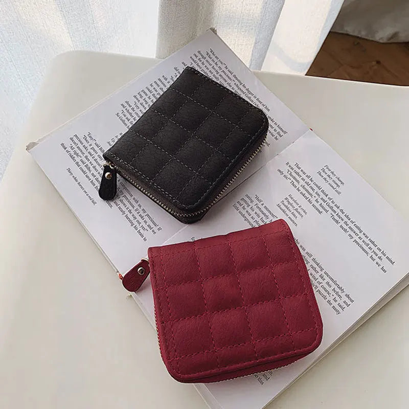 Women’s Small PU Leather Zipper Wallet with Coin Purse – Cute Plaid Mini Korean Card Holder, New Arrival