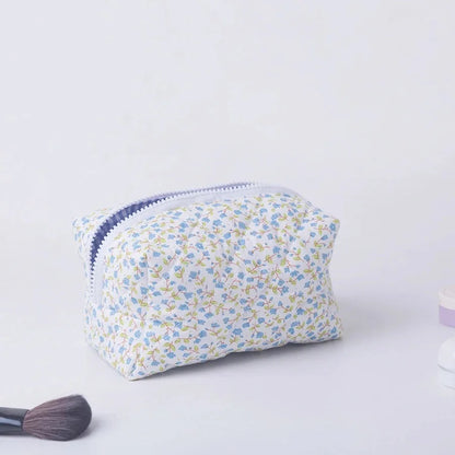 Floral Puffy Quilted Makeup Bag — Large Travel Cosmetic Organizer Pouch with Flower Print for Makeup Accessories