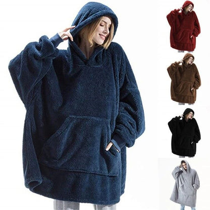 Oversized Fleece Hoodie Blanket - Warm Double-Faced Sherpa Robe with Large Pocket for Women & Men