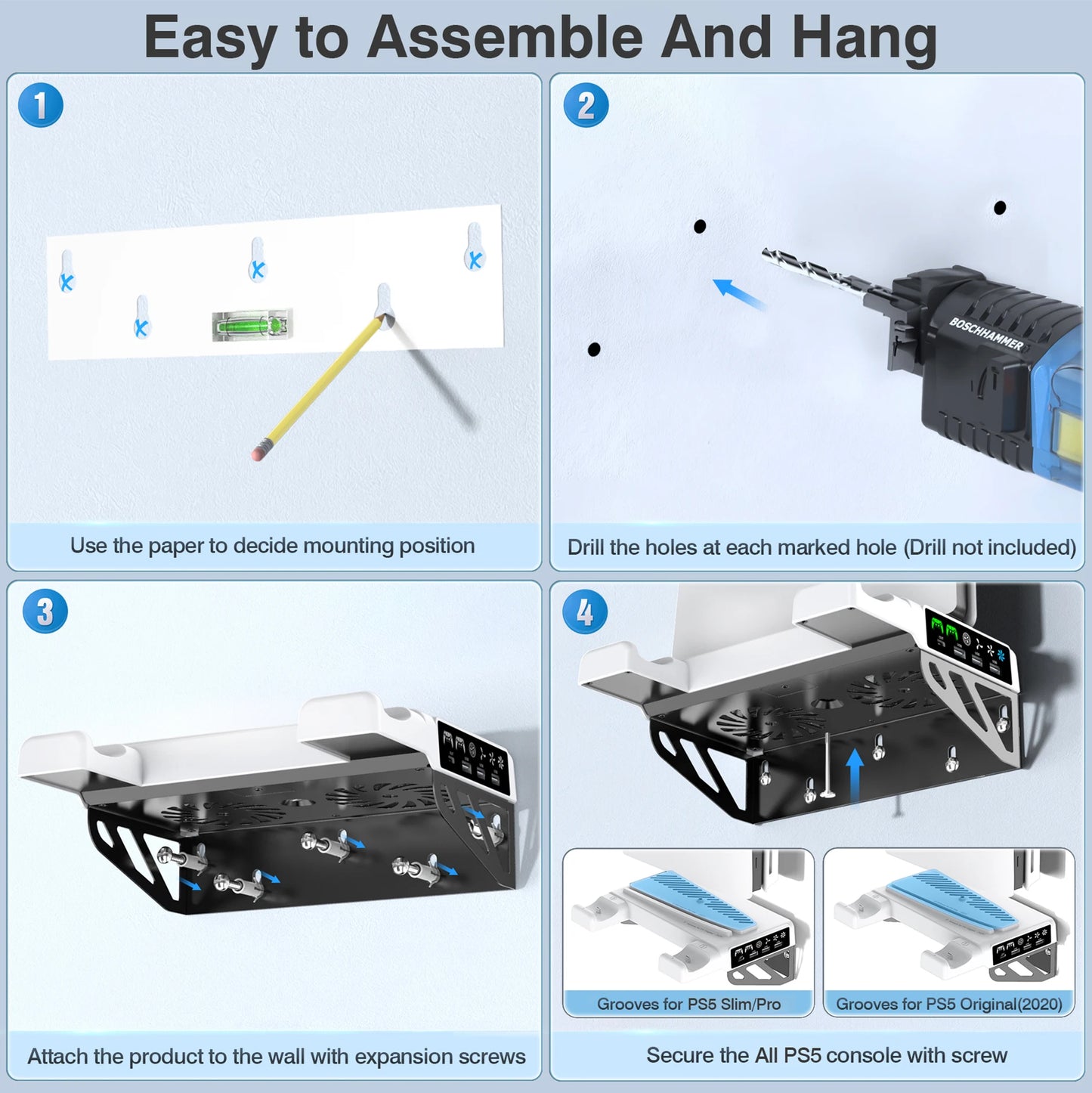 PS5/PS5 Slim/PS5 Pro Wall Mount Kit – With Charging Station, Cooling Fans & Headset Hanger, Behind-TV Wall Stand