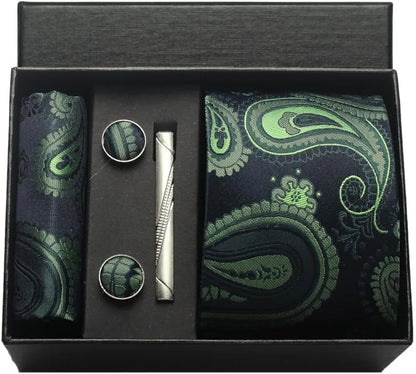100% Silk Men’s Necktie Set with Paisley Floral Design, Business Tie with Pocket Square, Tie Clip & Cufflinks Gift Box Set for Men