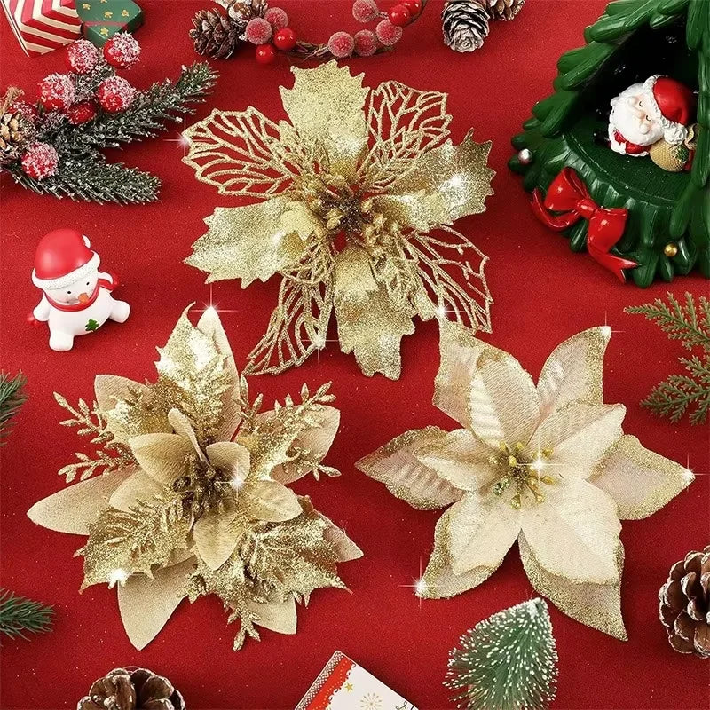 8/16PCS Glitter Artificial Christmas Flowers | Xmas Tree Decorations & Home Ornaments for 2025 New Year