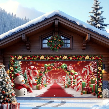 Charming Farmhouse Christmas Garage Door Banner – Snowman, Candy Cane & Tree Design, No Power Needed