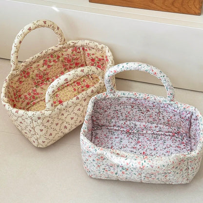 Cute Pink Flower Quilted Storage Basket with Handle – Foldable Home Organizer for Pet Toys & Room Storage