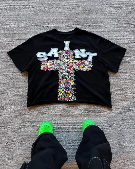 New Streetwear Unisex Harajuku Vintage Cross Graphic Oversized Cotton T-Shirt – Goth Casual Drop Sleeve Short Sleeve Top