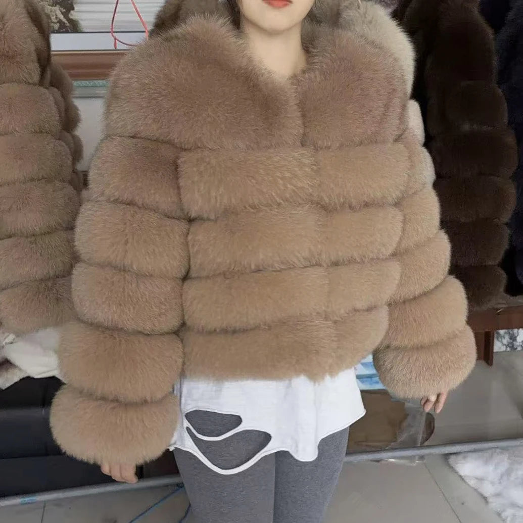 QUEENTINA Women’s Real Fox Fur Coat – Brown Leather & Skin Winter Fashion Outerwear 2025