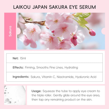 LAIKOU Sakura Eye Serum Roller — Hyaluronic Acid Moisturizing Cream for Eye Bags & Dark Circles, 15ml