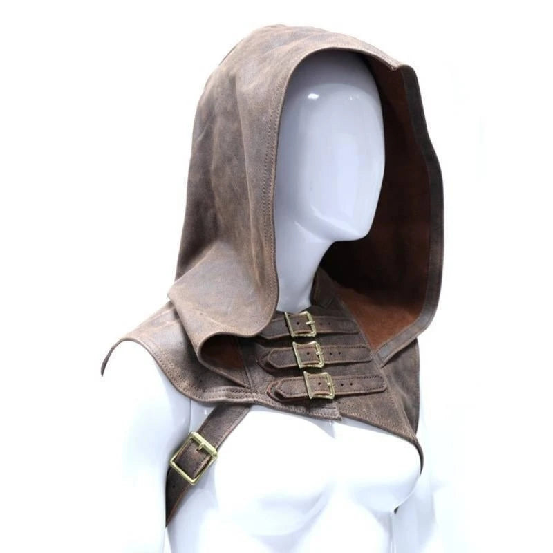 Adjustable Medieval Gothic Cowl Hat — Faux Leather Steampunk Hooded Cloak Cape for Men & Women Cosplay Accessory