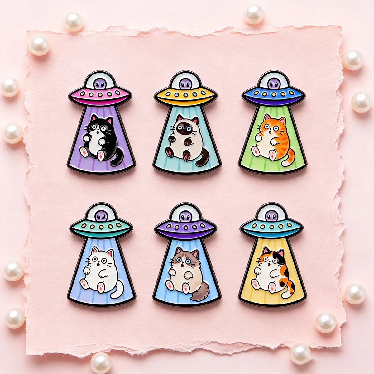 6-Piece UFO Cat Enamel Pin Set - Cartoon Alien Spaceship Brooches for Jackets, Backpacks, and Collectors’ Gifts