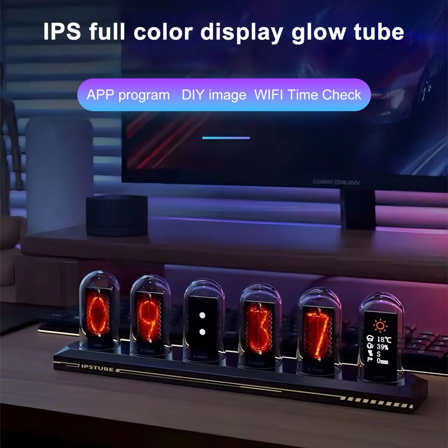 RGB Nixie Tube Clock - LED Glowing IPS Color Screen, DIY Analog Digital Night Light for Gaming Desktop & Home Decoration
