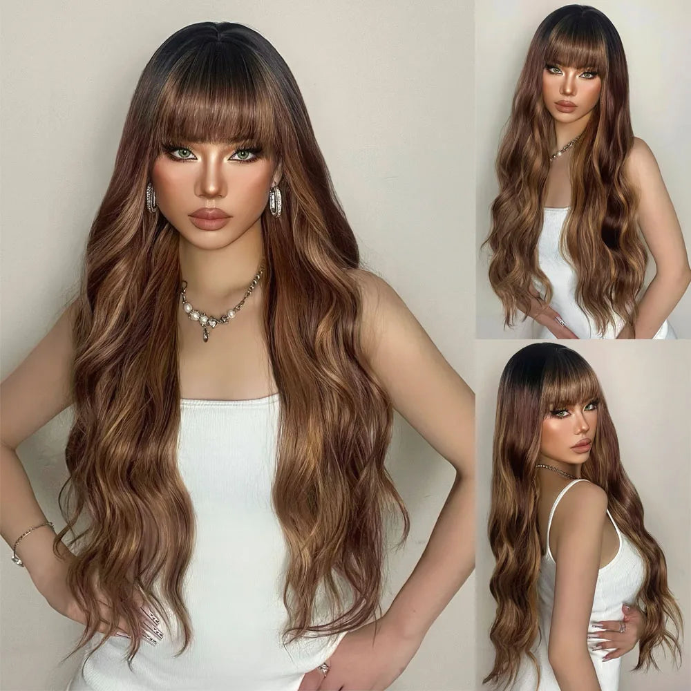 Ombre Honey Brown Long Synthetic Wig with Bangs — Wavy, Realistic, Soft, Heat-Resistant Hair for Daily & Party