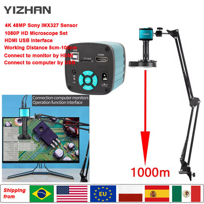 1080P 48MP 4K Digital Microscope – HDMI/USB/VGA Camera with 150X C-Mount & Articulated Arm for Repair