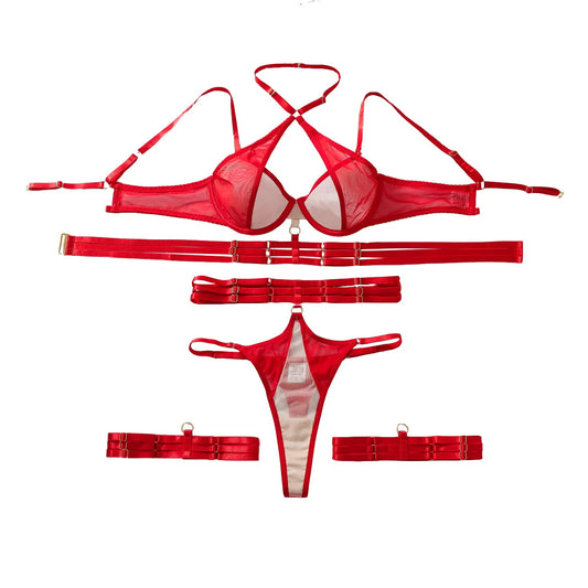 Women’s Sheer Lingerie Set - Halter Underwire Bra, Multi-Strap Harness, Hollow-Out Panties & Leg Straps
