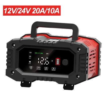12V/24V Fully Automatic Smart Battery Charger — 7-Segment Pulse Repair for AGM, GEL, WET Lead-Acid Car Batteries